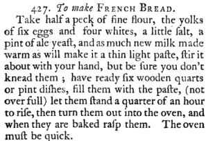 ToMakeFrenchBreadInEnglishHousewiferyByElizabethMoxon(1764)